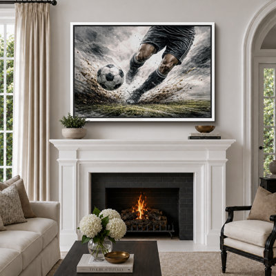 Dynamic Soccer Player And Ball Sports Artwork, Game Room Pictures, Framed Canvas Giclee Print Wall Art