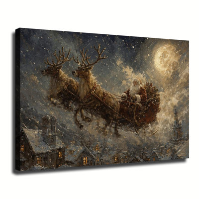 Tableau sur toile représentant le père Noël en traîneau dans une ville enneigée, peinture à l'huile vintage, scène de Noël au clair de lune, décoration murale pour les fêtes