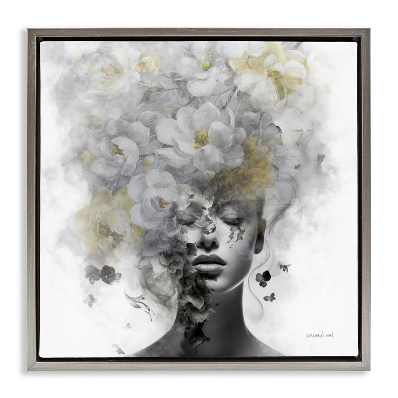  «Hidden Spring Visage Floater», art mural sur toile par Danhui Nai, H 18 po x l 18 po, Cadre flottant gris lustré