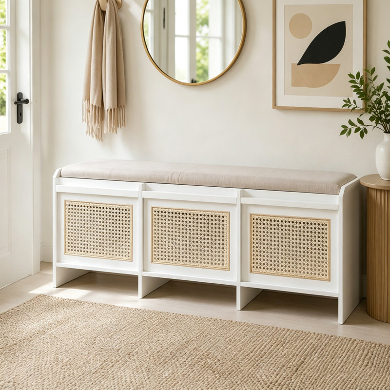 Banc de rangement pour chaussures 48 po, banc de rangement rétro avec tiroirs en rotin et coussin amovible capitonné, Blanc