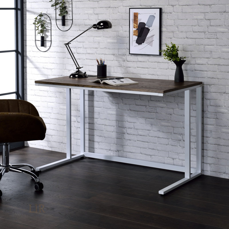 Tyrese Walnut & White Finish Rectangular Writing Desk With Built-In Usb Port And Open Base Design, For Modern Home Offices.