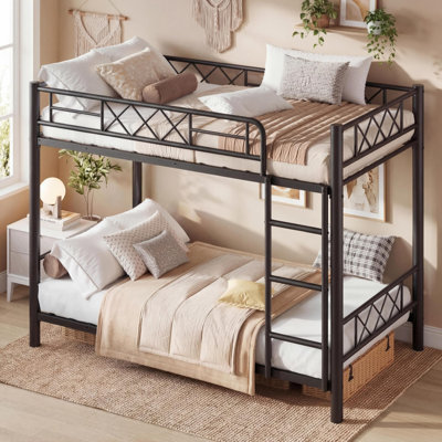 Lit superposé Tech pour adolescents et adultes, 2 places, avec échelle et barrière de sécurité, robuste, avec sommier à lattes métalliques, sans sommier tapissier, gain de place, noir mat