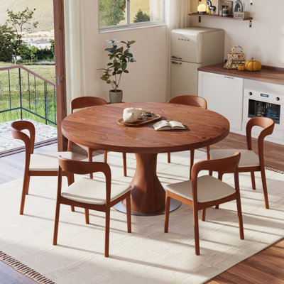 3/5/7 Pcs Modern Round Solid Wood Dining Table Sets With Comfort PU Leather Kitchen Chairs For 2/4/6