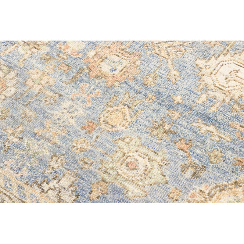 Tapis bleu en laine noué à la main Oushak L.