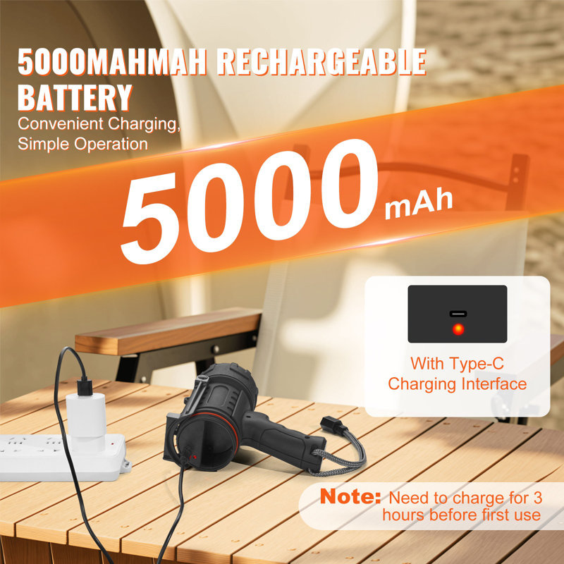 Lampe de poche rechargeable à projecteur, 200 000 lumens, projecteur à DEL étanche IP67, projecteur de recherche portatif super lumineux avec port USB à 4 modes détachables, pour la chasse en bateau