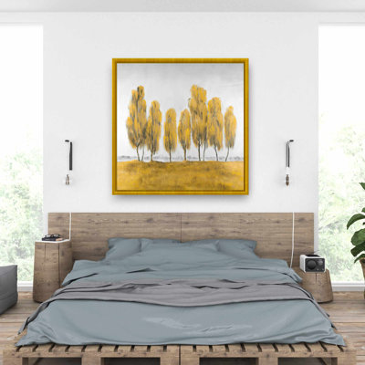 Sept arbres jaunes abstraits, art sur toile encadrée arbres gris