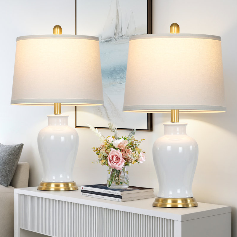 Lampe de table en pot 23 po en céramique avec abat-jour en tissu blanc et ampoule à DEL 23 po, Blanc / Doré