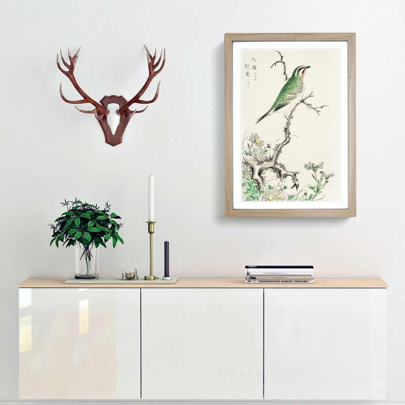 Ruby Throat & Wild Camomile by Numata Kashu - Picture Frame Painting Print, 50cm H x 35cm W x 2cm D, Oak