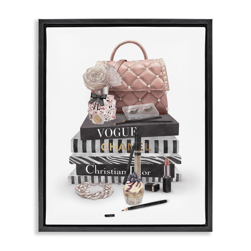 «Fashion Bookstack Purse Perfume Pink Glam Design», art mural sur toile par Ziwei Li, Cadre flottant noir de jais
