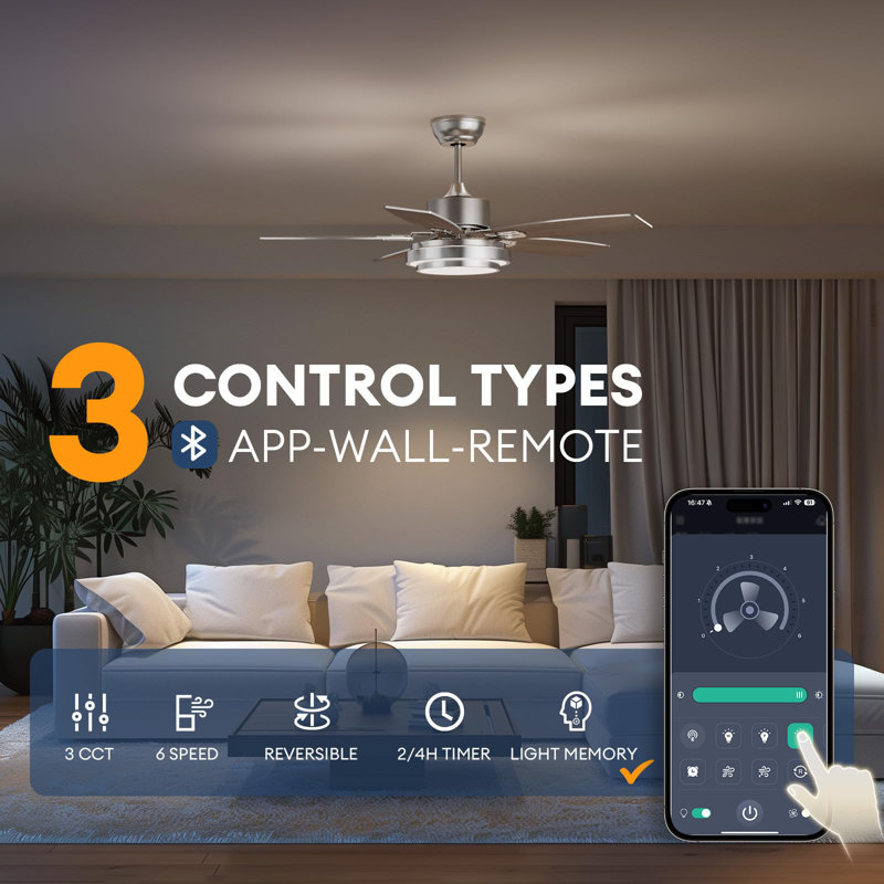 42 Inch Nickel Ceiling Fan with LED Light and Remote Control