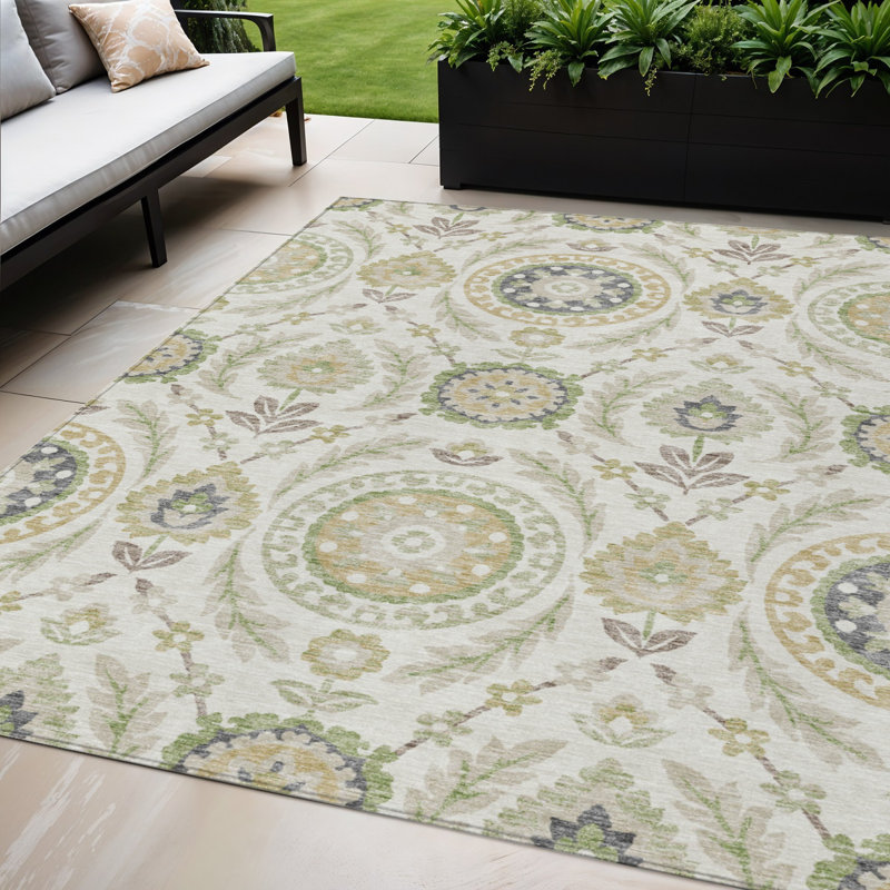 Tapis extérieur lavable floral beige et taupe 5 pi x 8 pi ivoire