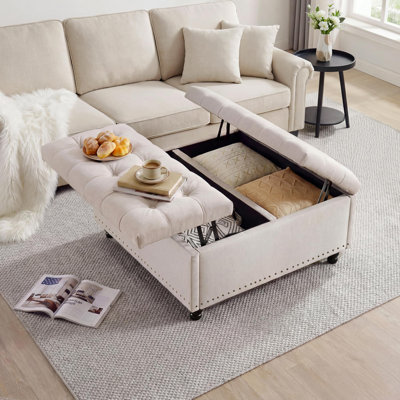 GarveeHome 35.4" Large Square Storage Ottoman, Upholstered Linen-Look Coffee Table with Flip-Top, Rubber Wood Legs, Footrest End of Bed Bench for Living Room Bedroom, Beige