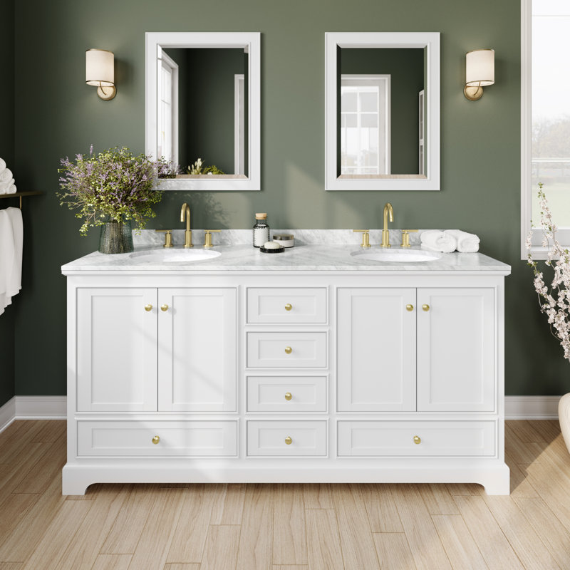Ensemble de meuble-lavabo double 72 "avec miroir Deborah, Blanc, Doré