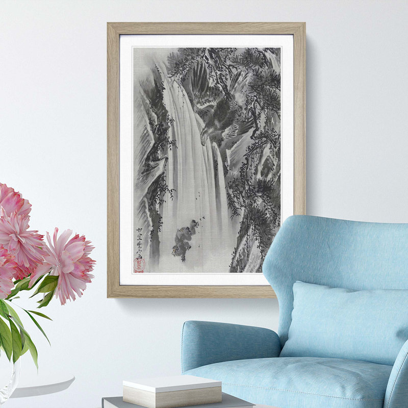 Eagle & Monkey by a Waterfall by Kawanabe Kyosai - Picture Frame Painting Print, Oak Framed, 65cm H x 48cm W x 2cm D