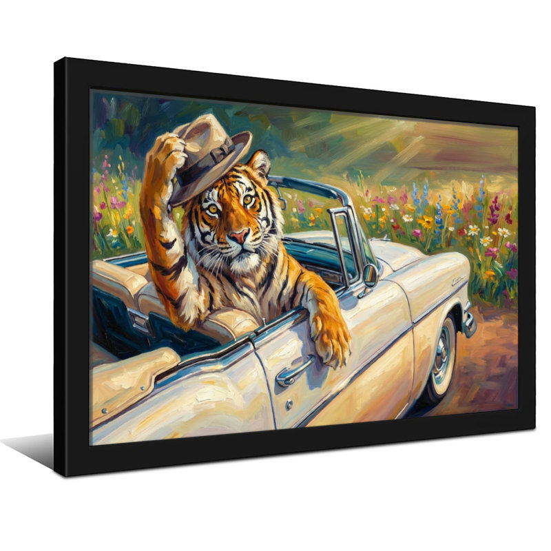 Animaux, tigre, voiture, chapeau, fleurs, H 12 po x l 18 po, Toile tendue, Ne s’applique pas