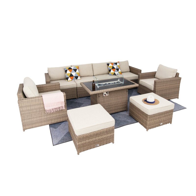 Fully Assembled 8 - Person Outdoor Sectional Seating Group With Fire Pit Table