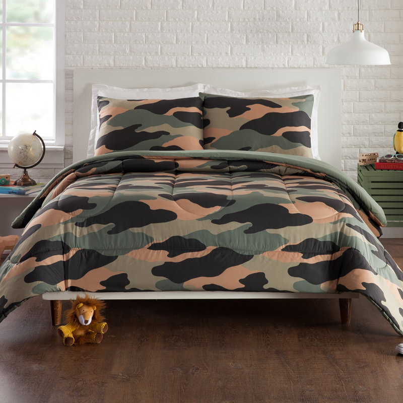 Ensemble d'édredon réversible en microfibre Camouflage, Édredon simple / très grand + 1 taie décorative