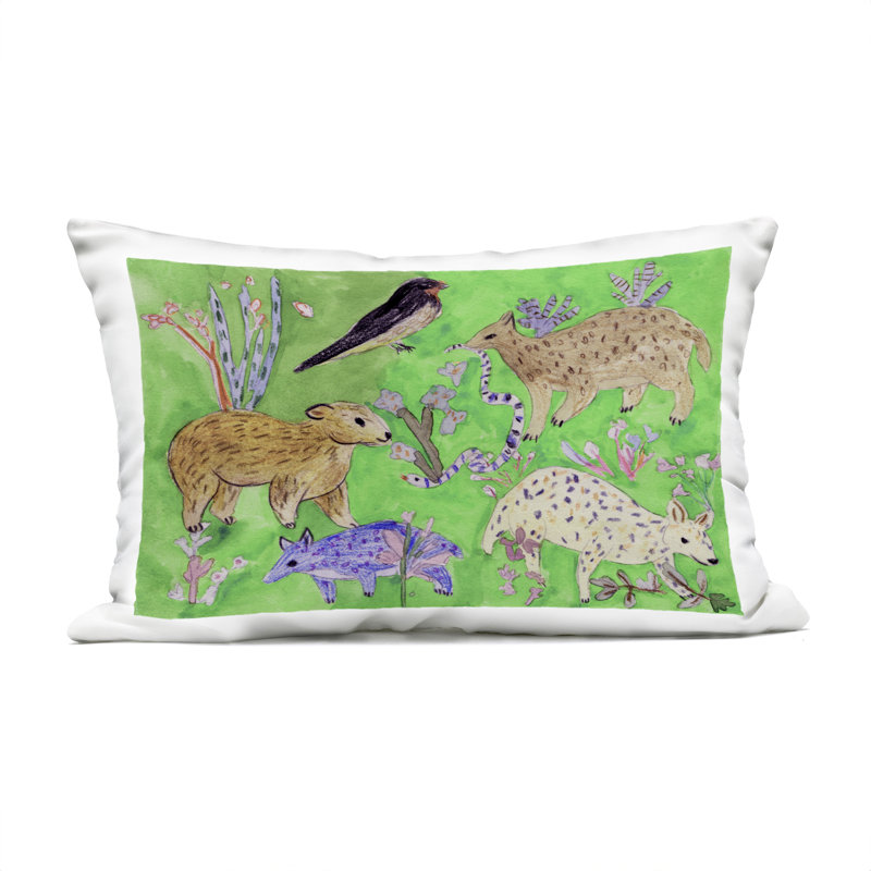 Coussin d'extérieur imprimé Quirky Meadow Animals par Melissa Wang, Animaux verts / bruns