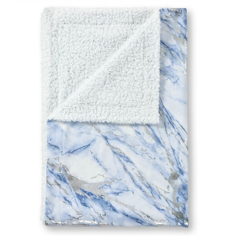 Hayslett Luxury Foil Printed Sherpa Backed Marble Throw Blanket, Blue, W150 x L200cm