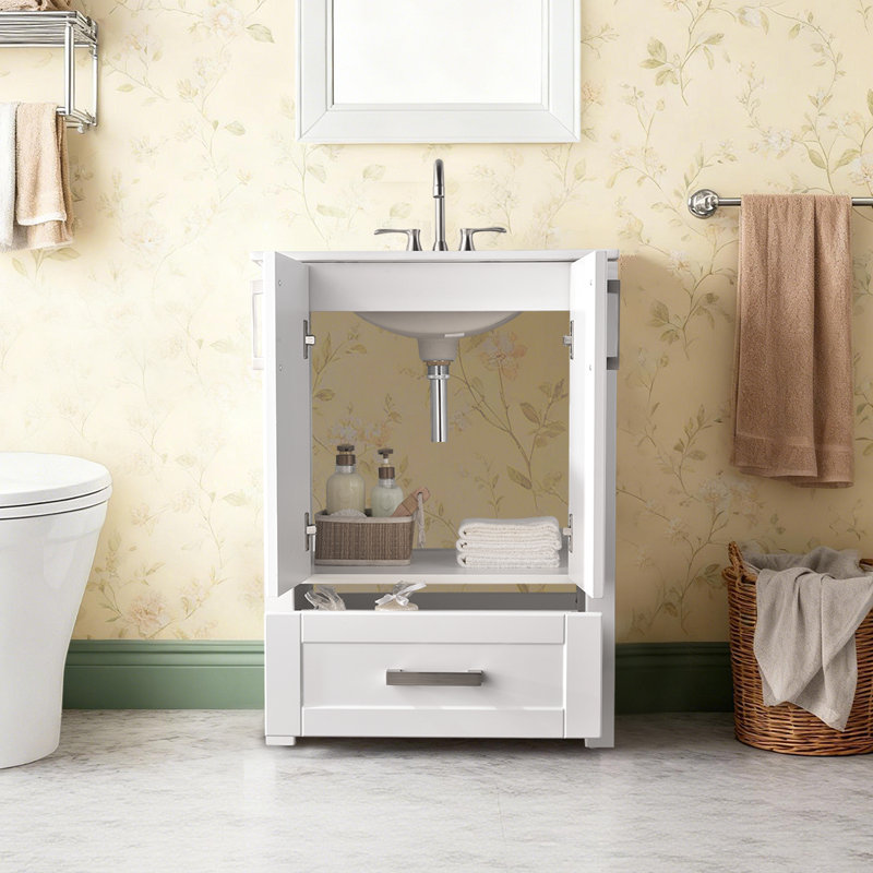 24" Modern Single Bathroom Vanity with Ceramic Sink, Compact Free-standing Cabinet with 2 Soft-Close Doors and 1 Large Bottom Drawer