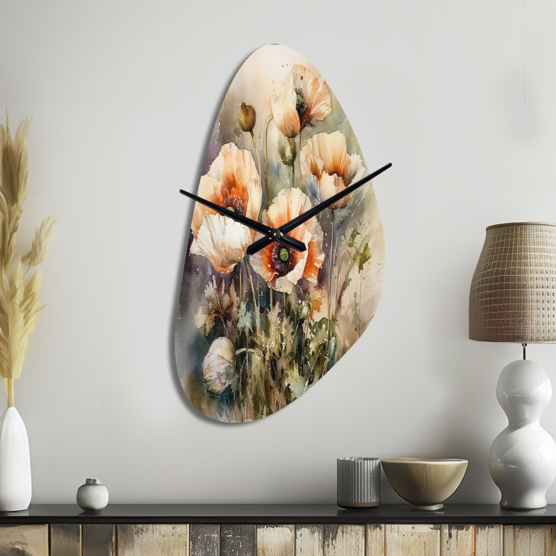Orange pivoines Blooms II - horloge murale asymétrique moderne en métal, forme unique, Moyenne