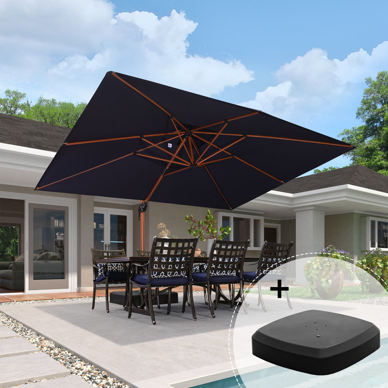 Parasol en porte-à-faux rectangulaire en bois de 156 po x 120 po avec base à roulettes, bleu marine, Marine