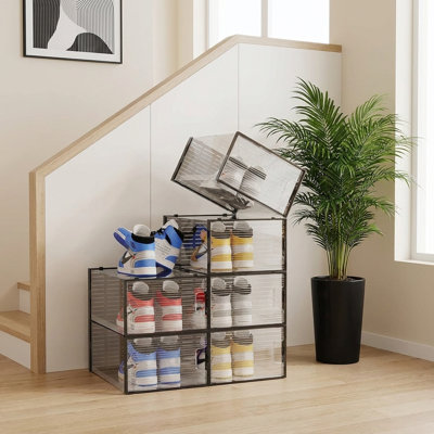 Ensemble de 6 boîtes de rangement pour chaussures pliables et empilables noires, corps en PP avec cadre de porte en ABS, organisateur de chaussures peu encombrant pour vestibule