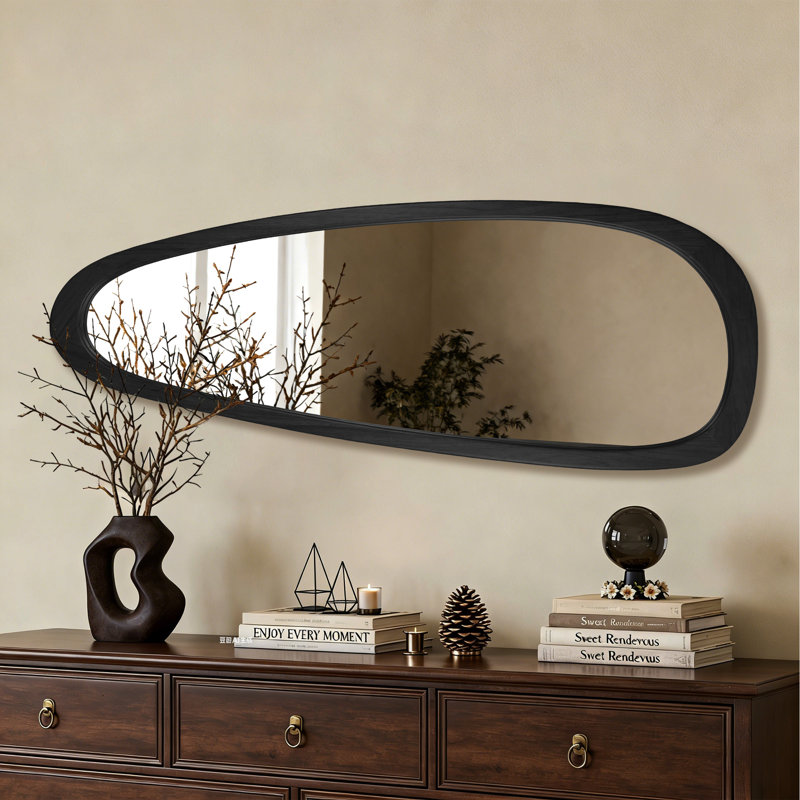 Asymmetrical Irregular Full Length Mirror with Solid Wood Frame, Organic Wall-Mounted Floor Mirror, Black, 60" x 21"