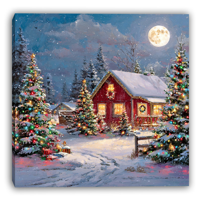 Art mural sur toile Moonlit Farmhouse avec arbres scintillants, H 30 po x l 30 po