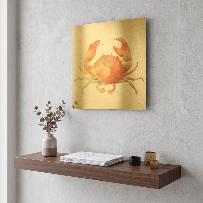 «Summertime Crab» par Katrina Pete, art mural en métal doré, 12 po x 12 po, 12 po x 12 po
