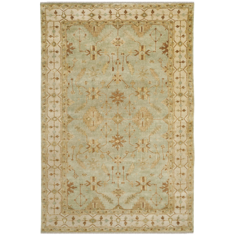 Oushak Oriental Hand-Knotted Wool Soft Green/Ivory Area Rug, Rectangle 9' x 12'