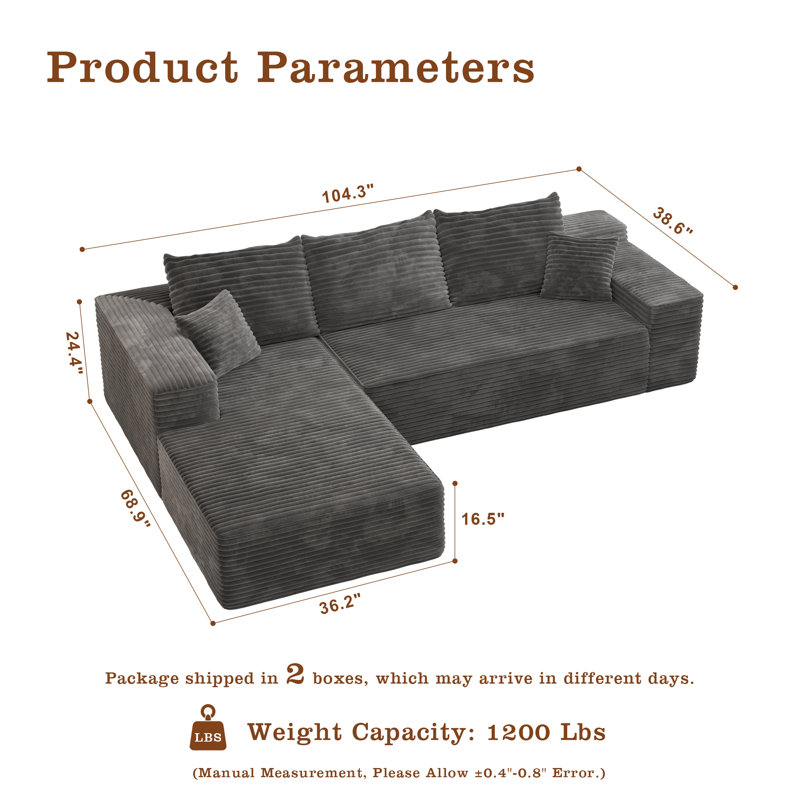 Boneless No Assembly Required Compression Packed 2 - Piece Corduroy Sofa, Gray Corduroy
