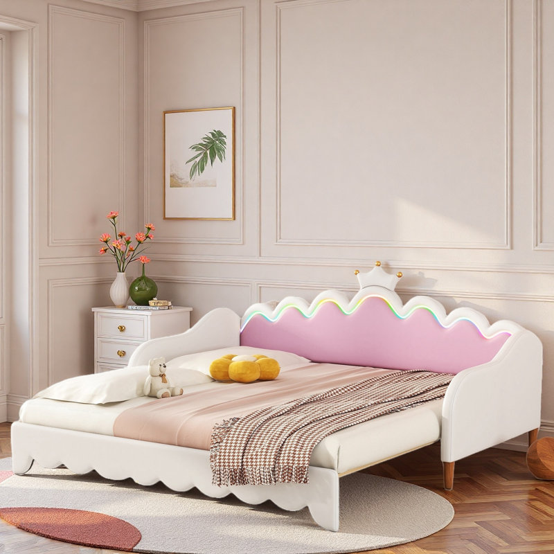 Extending Upholstered Daybed With Led Lights And Crown Headboard, White