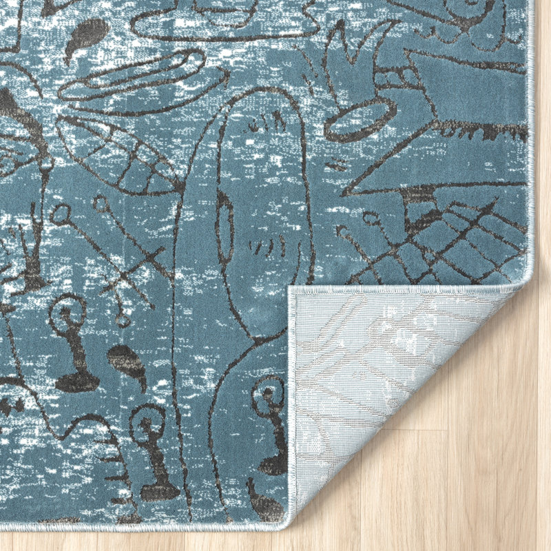 Polyester bleu tissé à la machine Detisha, Rectangle 8 pi 7 po x 11 pi 6 po