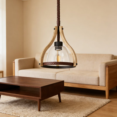 Luminaire suspendu Farmhouse avec abat-jour en verre transparent, éclairage en bois rustique à hauteur réglable pour îlot de cuisine, salle à manger et vestibule, compatible avec un plafond incliné
