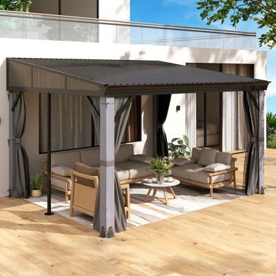 Pavillon de jardin mural en acier galvanisé à toit rigide de 12 pi x P 10 pi avec pavillon en bois robuste avec filet et rideaux