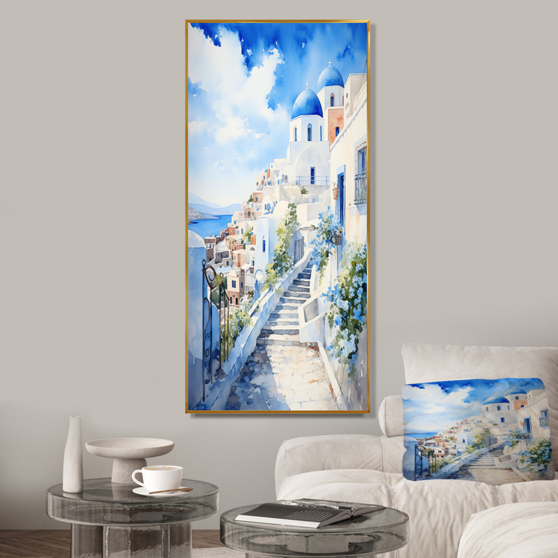 "Village côtier des îles grecques III", Cadre flottant doré, H 32 po x l 24 po x P 1 po