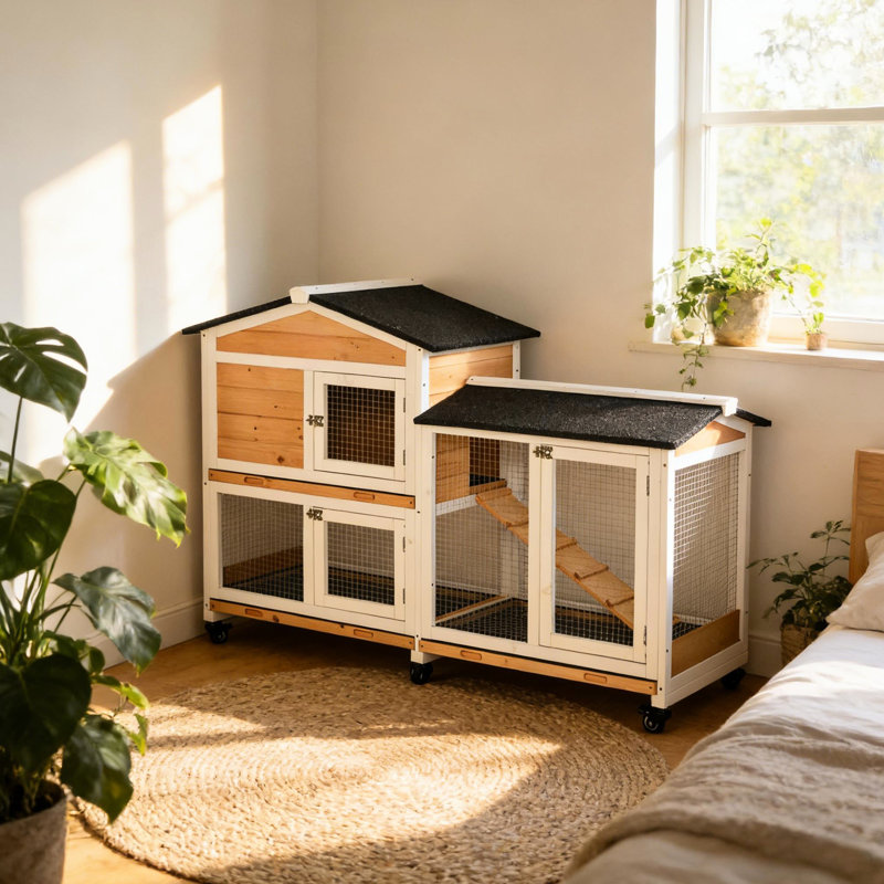 Cage pour animaux, clapier mobile en bois, Noir / blanc / jaune