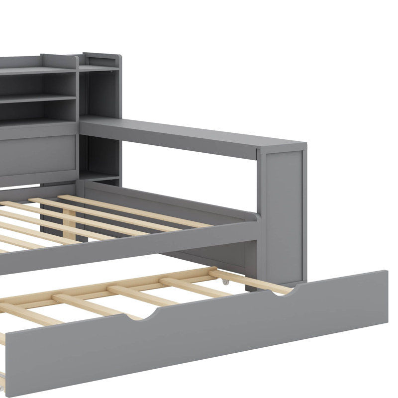 Lit de jour en bois avec tablettes de rangement intégrées, livré avec un lit gigogne escamotable et une table d'étude, Double