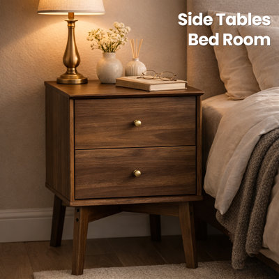 Mid-Century Modern 2 Drawer Nightstand with Tapered Legs, Wood Bedside Table with Storage for Bedroom