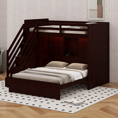Twin Over Full Bunk Bed With Stairs, Solid Wood L-Shape Bunk Bed Frame With Wardrobe And Light