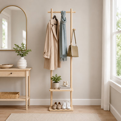 Natural Wood Freestanding Hall Tree with Sturdy Base, Space Saving Small Clothes Rack with 3 Storage Shelves for Hanging Clothes in Entryway, Hallway, or Bedroom