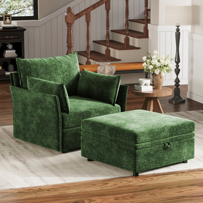 Merchelle 36'' W Oversized Accent Armchair With Ottoman & Removable Cushions-Chenille Fabric-Green
