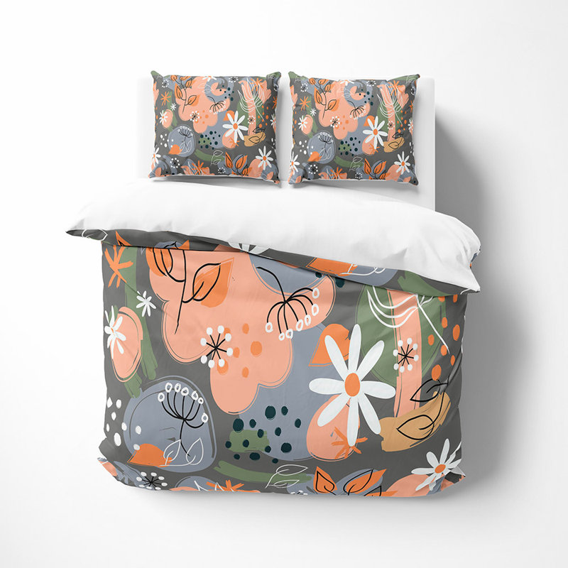  Ensemble de housse de couette en microfibre gris et pêche 3 pièces, Housse de couette très grand + 2 taies décorativ