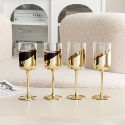 4 Piece Brass Tone Stemmed Cylindrical Wine Glasses