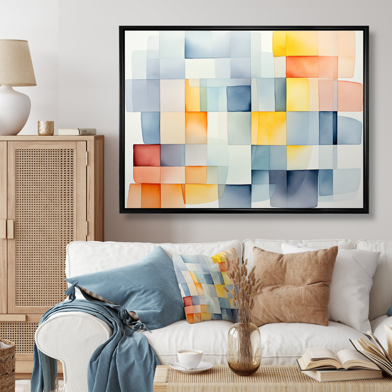 Motif de cubes multicolores V - art mural géométrique, H 34 po x l 44 po x P 1,5 po, Cadre flottant noir