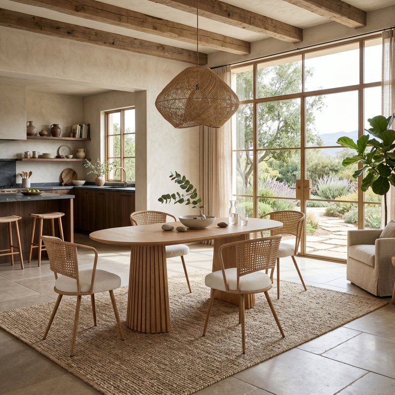 5 Piece Extendable Oval Dining Table Set For 4 Wood Look Kitchen Table With Rattan Back Upholstered Dining Chairs, Natural