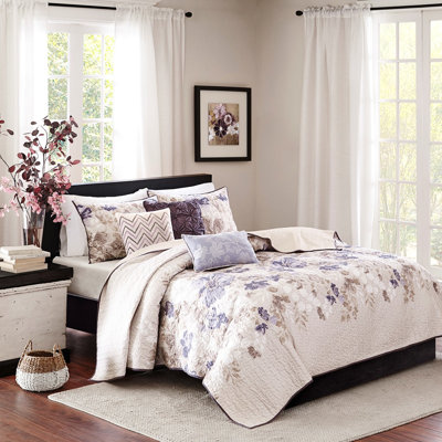 Couette imprimée 6 pièces, taupe, grand lit/queen, motif floral aquarelle, réversible en microfibre, coussins décoratifs avec détails brodés, imprimé grand lit/queen.