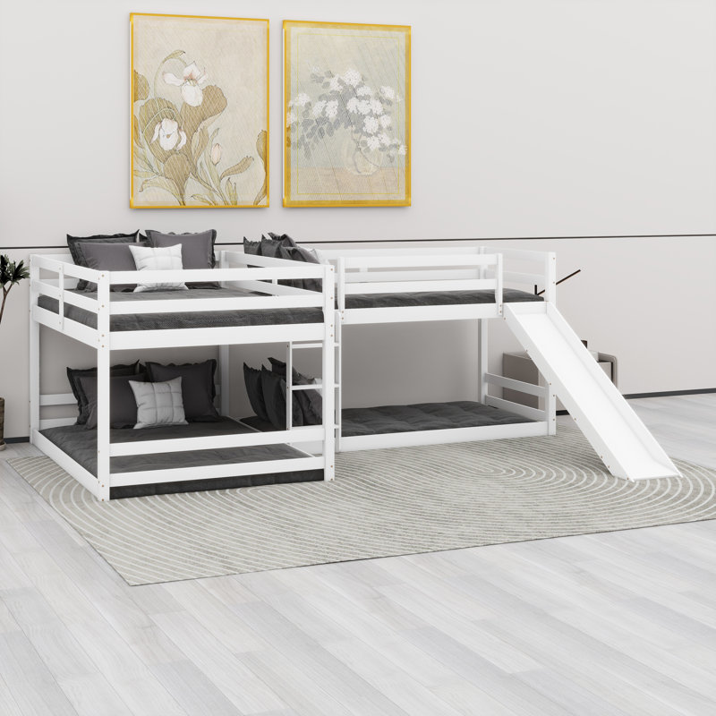 Lit superposé en L polyvalent avec glissade et échelle courte, White