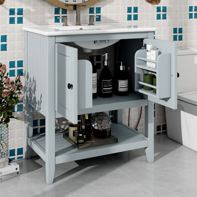 Lavabo de meuble-lavabo moderne en céramique 30 po avec tablette ouverte et tablette de porte